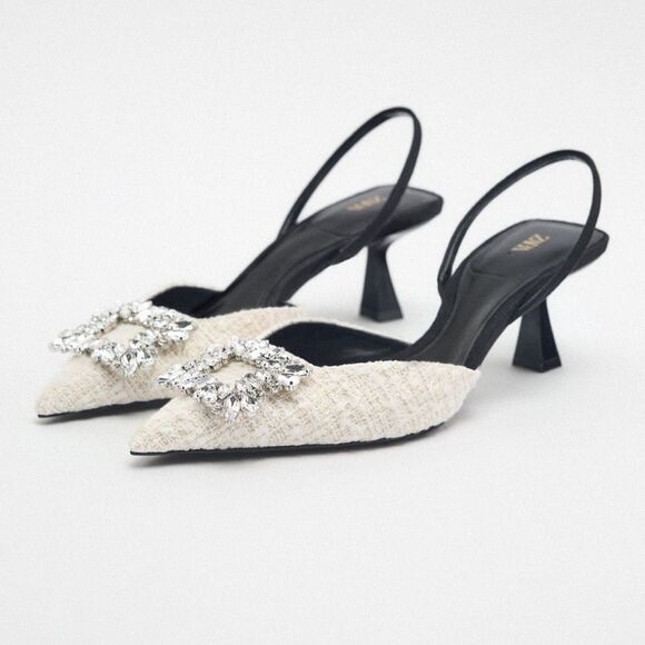 Zara Shoes - ZARA 37/6.5 White Tweed Slingback Kitten Heel Jeweled Buckle Shoes